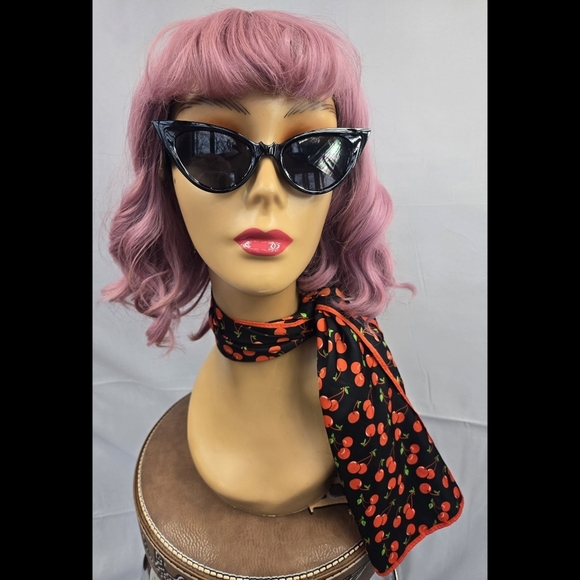 🍒"Bad Gal" Sourpuss Cherry Print Scarf Oblong Retro Style 44" x 16" - Picture 3 of 7
